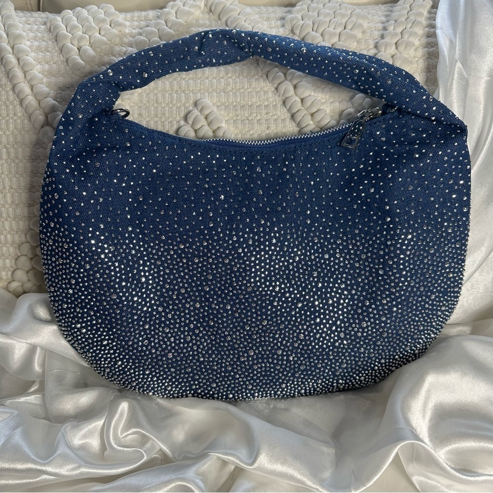 Rhinestone Denim Hobo Shoulder Bag – Sparkle Crossbody Purse Y2K NWT - Picture 3 of 11
